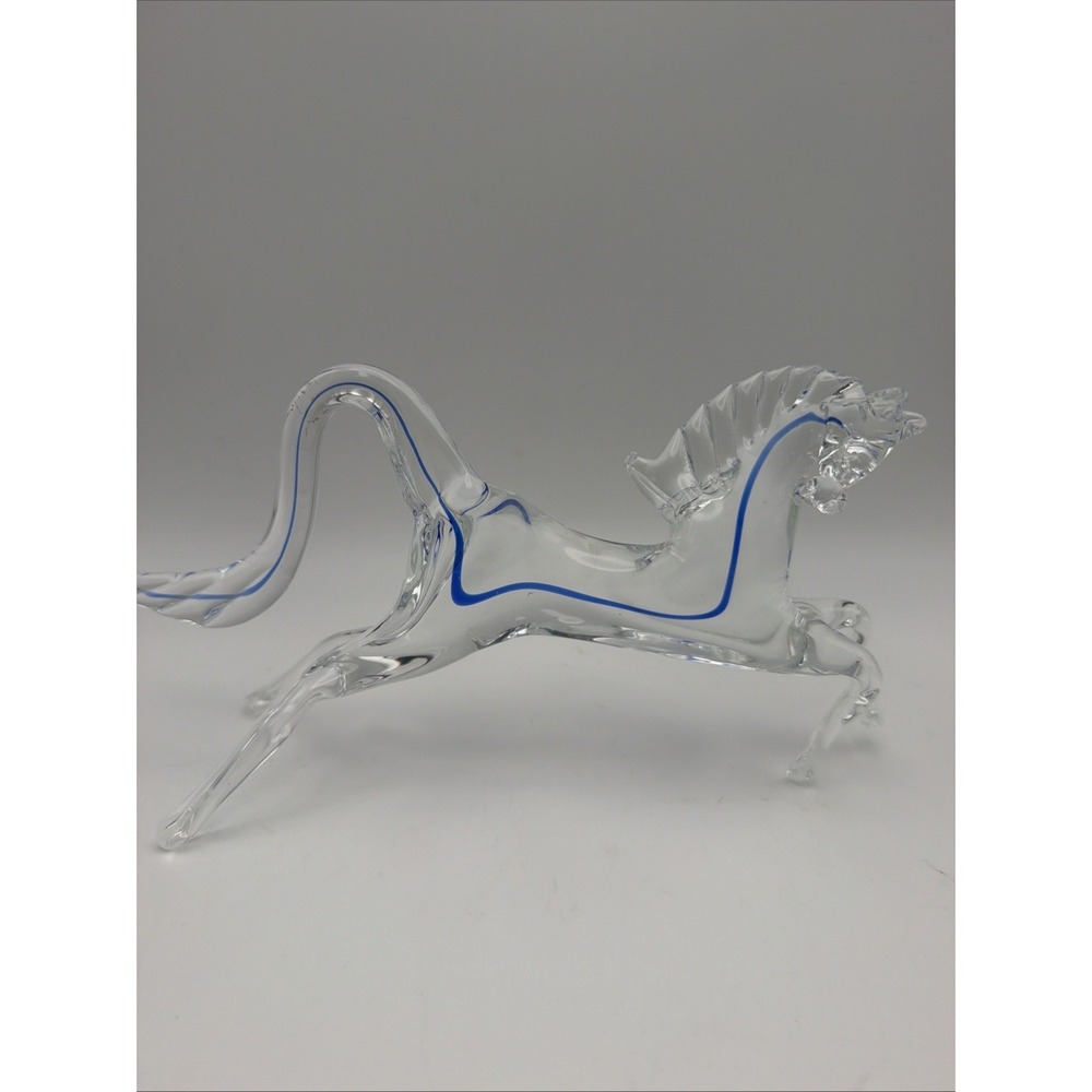 Vintage Murano Style Art Glass Horse Figurine Clear Cobalt Blue 8.25" Italy